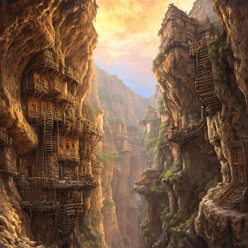 Prompt: iron age fantasy city built into canyon walls. houses are built on platforms on the canyon walls with precarious walkways and ladders between them. the canyon floor is covered in larger stone buildings and shops. realistic, highly detailed painting concept art. A looming, narrow canyon fills both sides of the image. A primitive fantasy village is built high into the facing walls of the cliffs. Stone houses with thatched roofs are built into the canyon walls with precarious wooden walkways and ladders between them. A small stream runs through the bottom of the canyon. Color palette is dark blues, greens, and brown with deep shadows. realistic, highly detailed painting concept art
