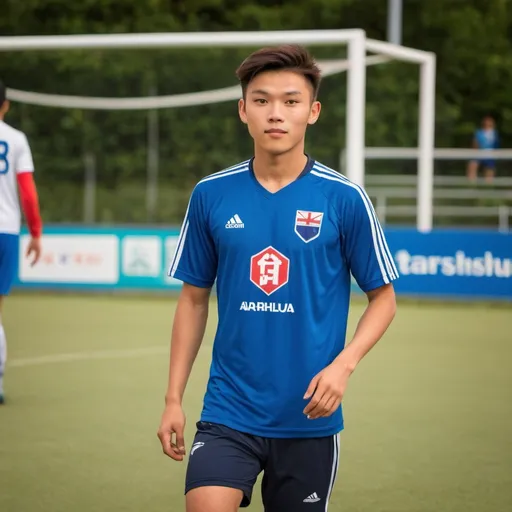 Prompt: Guy in late teens to early 20s whose father is Danish (and a smaller bit German) and whose mother is Chinese, Malaysian, and Taiwanese Filipina (he looks mixed - also called Wasian). He is a footballer for AGF - Aarhus Gymnastikforening (shirt visible).