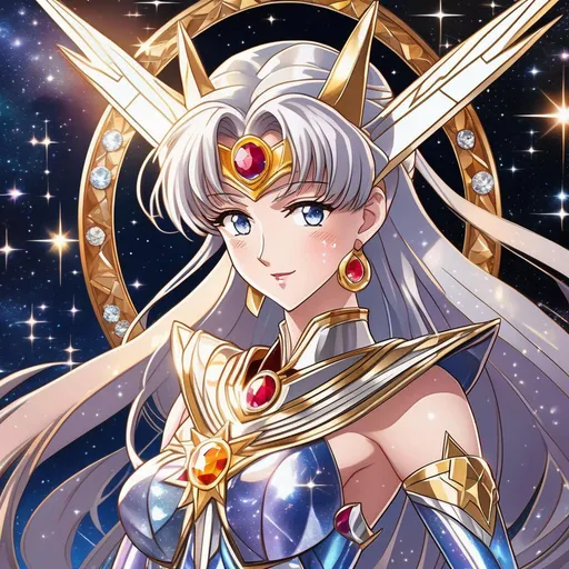 Prompt: unzoomed, anime character, hyperdetailed anime illustration, omnipotent galactic ruler Eternal Sailor Moon, illuminated by a soft starlight, wearing colorful iridescent intricate detailed outfit decorated with diamonds gemstones gold silver and vibranium, standing in front of the galactic core, holding her silver sword firmly, she stands with a determined air, her gaze unwavering, godly, beautiful detailed eyes, confident expression, intricate clothes with engraved silver trim, absolutely astonishing, razor sharp focus, cosmic, mesmerizing, masterpiece, UHD, 16k, HDR, ((((best quality)))), ((((extreme details))))