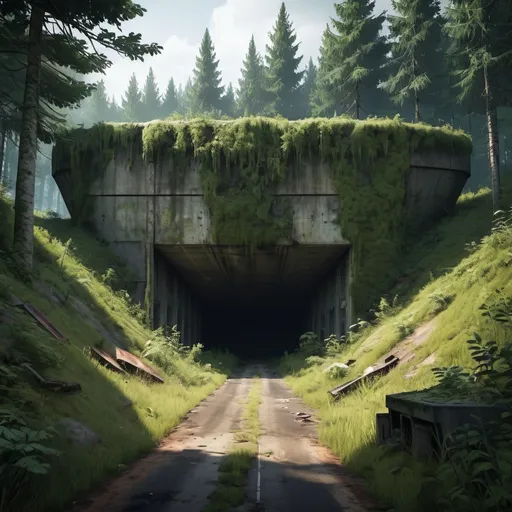 Prompt: Post-apocalyptic, abandoned bunker in forest, overgrown road, The Last of Us style, highres, detailed, video game style, desolate, mossy, apocalyptic, post-apocalyptic, detailed environment, atmospheric lighting, gritty, abandoned, professional rendering, seen from distance and above