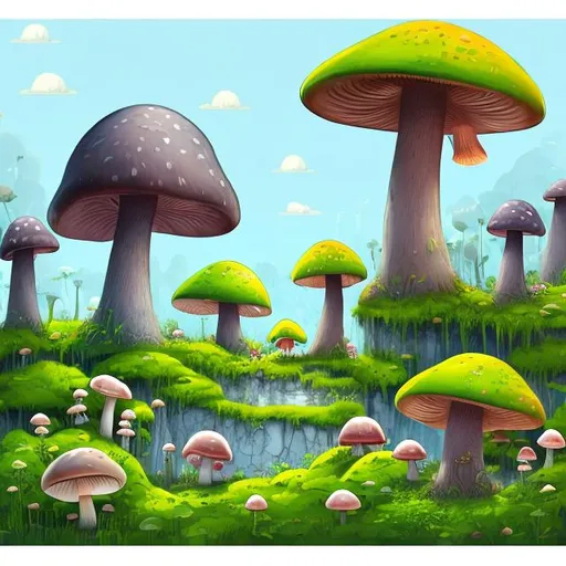 Prompt: Cute capybara, happy, naughty, cartoon style, ultra-clear, Mushroom cavern, grey mist, darkness, blue light, Blackstone, cavern huge mushrooms, fungus village, dark-green mossy ground. 