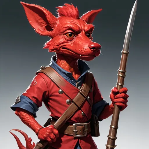 Prompt: Red kobold, dog-ish and serious face, hunter's garb, holding a musket and spear