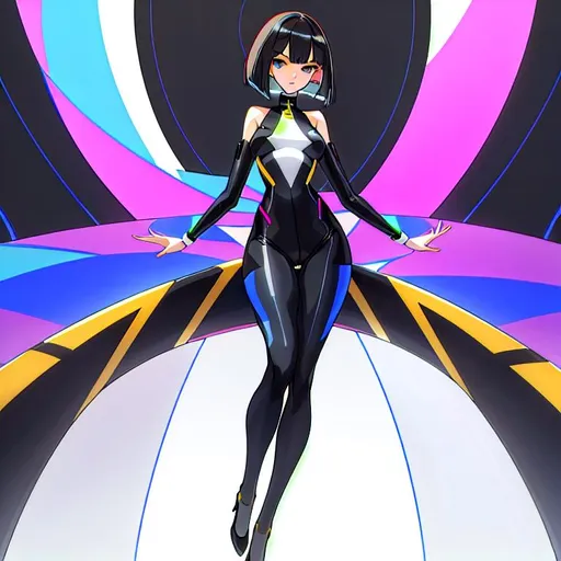 Prompt: a lonely AI girl, very tall, thick thighs, wide hips, huge glutes, long legs, slender arms, slender waist, big beautiful symmetrical eyes, intriguingly beautiful face, aloof expression, bob haircut with bangs, wearing Dazzle-Camouflage fashion clothes, high fashion, 12K resolution, hyper quality, hyper-detailed, 12K resolution, hyper-professional