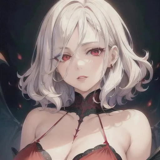 Prompt: (masterpiece, illustration, best quality:1.2), short curly, white hair, devilish eyes, wearing thin red nightgown, best quality face, best quality, best quality skin, best quality eyes, best quality lips, ultra-detailed eyes, ultra-detailed hair, ultra-detailed, illustration, colorful, soft glow, 1 girl