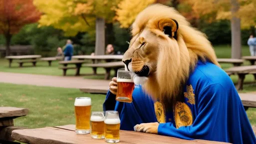 Prompt: smiling lion in a regal royal blue and gold robe taking a sip from a stein of beer at a picnic table in a beer garden with fall foliage 