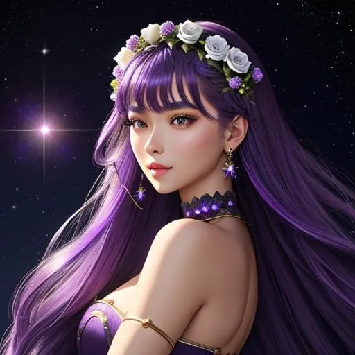 Prompt: Cosmic Epic Beauty, Beautiful and Gorgeous, purple roses in hair