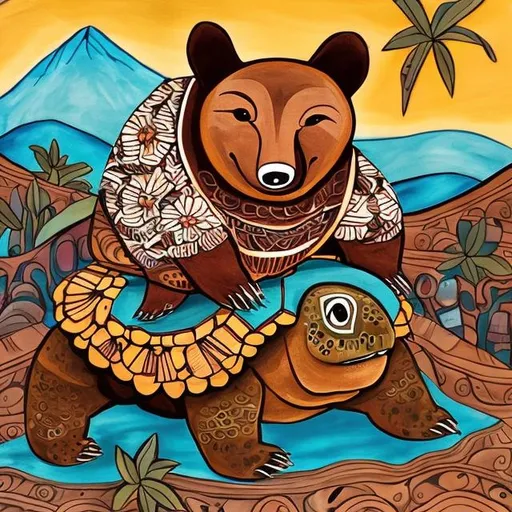 Prompt: Oaxacan painted pottery style rendition of a bear and a turtle hanging out in the mountains 