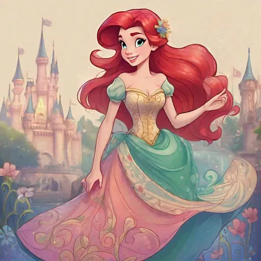 Prompt: Vivid, detailed, Disney art style, full body, Ariel Disney Princess, Hair part on left side, full body, cute, Disneyland