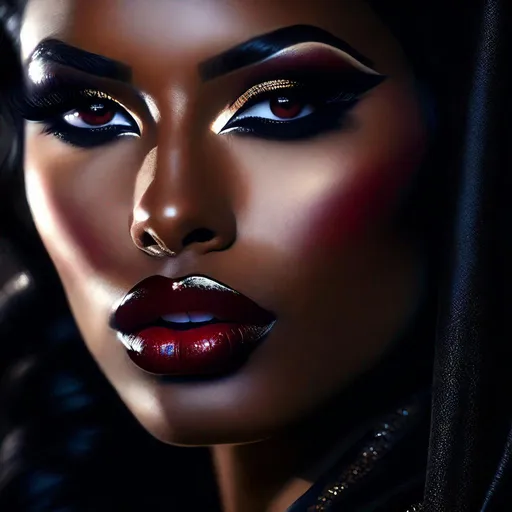 Prompt: black Delilah ruby lips from the bible, seductive ambience, detailed, photo realistic, cinematic lighting, 



