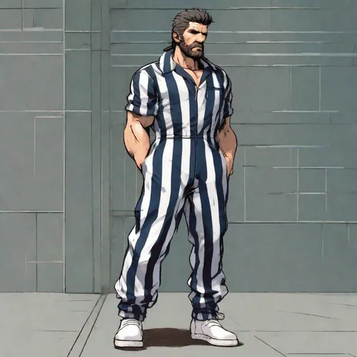 Prompt: Solid Snake wearing thick striped prison jumpsuit with beard and white socks, no shoes