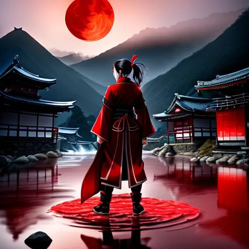 Prompt: a female shinobi is standing in a stream of blood, the stream is flowing through the middle of a small village, the village is on fire, beyond the village is a mountain shrouded with smoke, above the mountain a blood red moon hangs over the landscape,  japan environment,