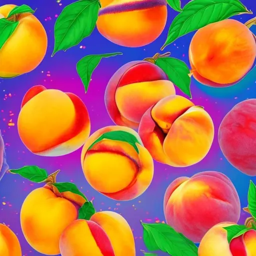 Vibrant pattern of peaches and eggplants in lisa frank's signature style