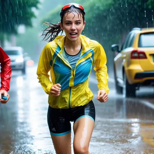 Prompt: photo of young woman, soaking wet clothes, running shoes, short cyclist short, tight top,  , caught in rain,   enjoying, water dripping from clothes, clothes stuck to body,  detailed textures of the wet fabric, wet face, wet plastered hair,  wet, drenched, professional, high-quality details, full body view.