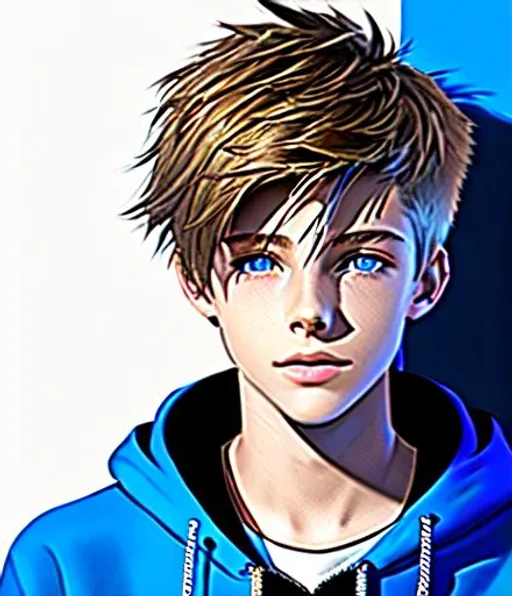 Prompt: Concept art, digital brush, Beautiful young teen boy, (16 year old kid) (messy hair)+ ((hair covering eye))++ emo cut, lightbrownhair boy, hair, sharp gaze, blue eyes, innocent, boy model, 16 years old, hot, pretty, cute, hoodie zipper, cinematic lighting, blue sky, bright colors, blue, green, yellow, white,  luminous, hyperdetailed, great composition, professional, artstation award, (white background)++ 