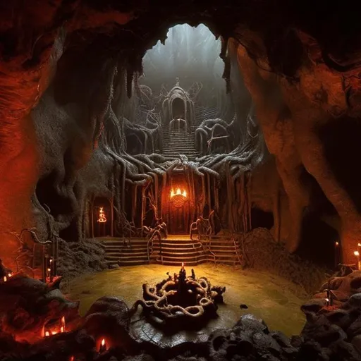 Prompt: a little dark shub-niggurath temple inside a cave. horro