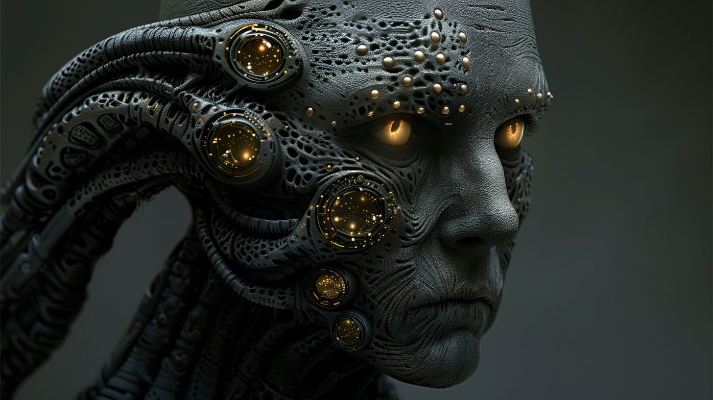 Prompt: Illustration with a fantasy theme, presenting a humanoid figure whose matte gray skin seems to glow faintly. The dark eyes, large and expressive, hold a galaxy of stories. The face is adorned with intricate patterns of gold and silver, so detailed they seem to pulsate with life. Rising from the forehead is a crown, not just of wires, but of liquid metal that twists and turns, capturing the essence of both fluidity and rigidity. The neck, a testament to both nature and machine, is a nexus of metal tubes, each with its own personality. Against this, the background stands subdued, a canvas of muted dark shades.