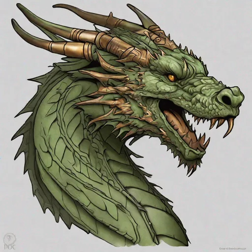 Prompt: Concept design of a dragon. Dragon head portrait. Coloring in the dragon is predominantly olive green with bronze streaks and details present.