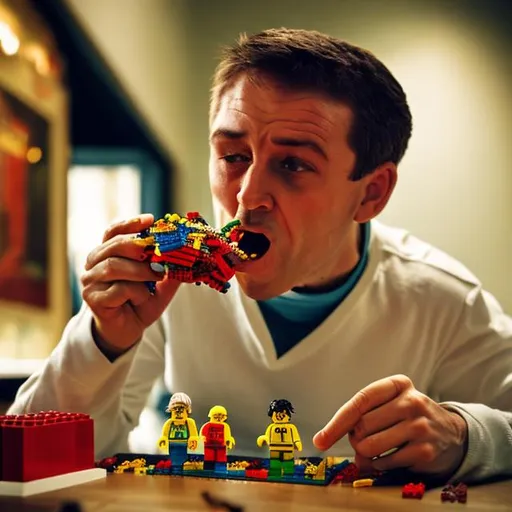 Prompt: lego man eating another lego man
