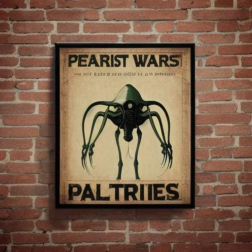 Prompt: 19th century, portrait poster , aliens, war of the worlds, war, danger, threatening, propaganda, on an old brick wall, 