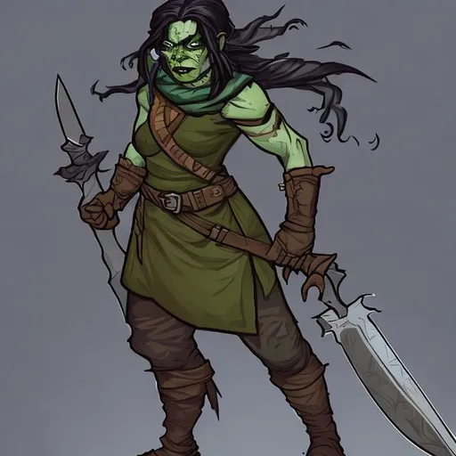 Prompt: Illustration of a female rogue half-orc half-human thief who is a cunning folk hero and she carries a dagger 