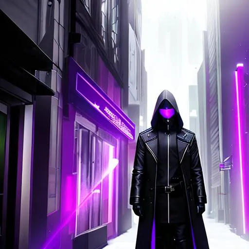Prompt: His trademark outfit consists of an all-black trenchcoat, complete with a hood and goggles that emit a glowing purple light. He has pale skin, and despite his clear signs of insanity, he remains calm and collected in most situations. Standing at a height of around 5'10", he has blonde hair and possesses a unique combination of intelligence and foolishness. With a muscular build, he also appears to be rather skinny.