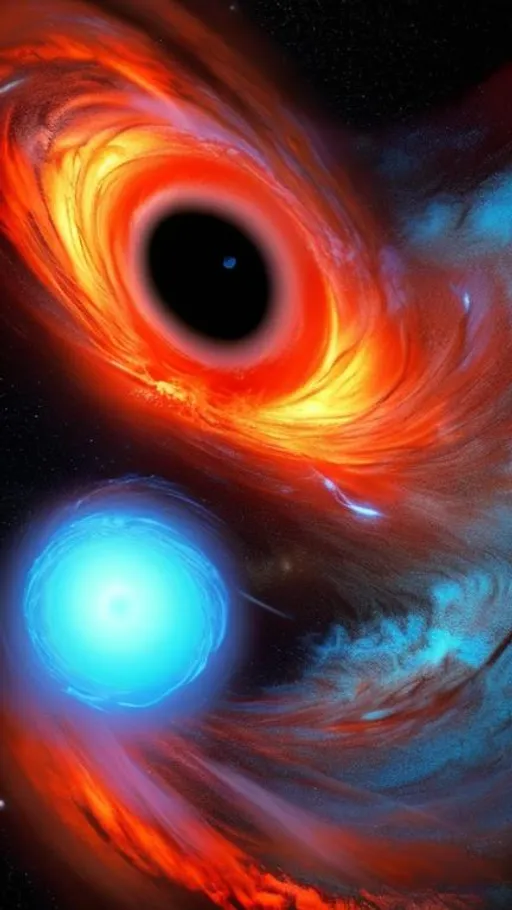 Prompt: A black hole that is blue and orange, absorbing a comet that is flying past that has a red trail on the event horizon, uhd