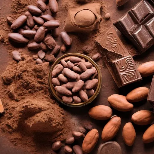 Prompt: cocoa beans, cocoa powder, and chocolate bars on a table
