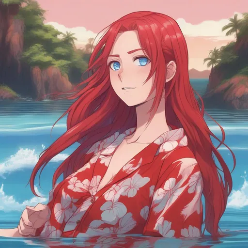 Prompt: Anime Style, young adult female, wearing open red Hawaiian shirt with no bra, with long blood-red hair, blue eyes, with red water in the background.

