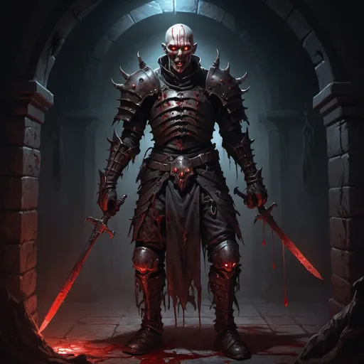 Prompt: Full body, Fantasy Illustration of an undead torturer, wearing blood-stained worn out leather armor, glowing red eyes, evil, dark and eerie lighting, high quality, rpg-fantasy, detailed character design, atmospheric, torture chamber