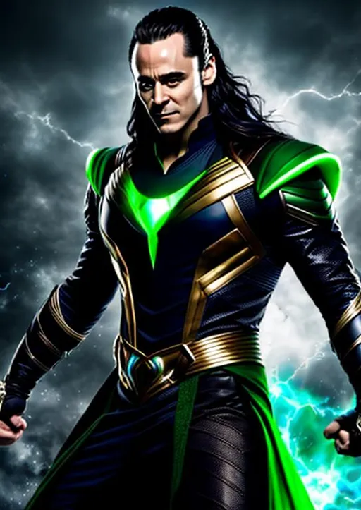 Prompt: High-resolution hyperrealistic photo of marvel's Ares merged with Loki, black and green and silver costume, uhd, hdr, 64k