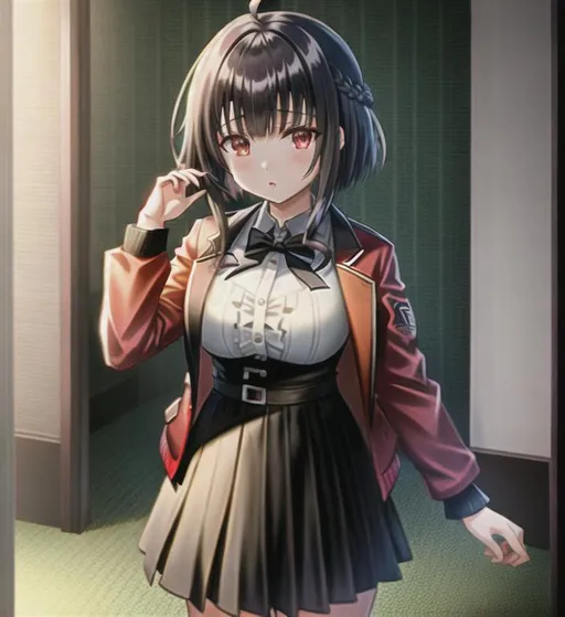 Prompt: Tokyo ghoul,girl, mesugaki, alternate hair length, brown hair, ahoge, short hair with long locks, french braid, eyelid pull , red eyes, jacket, {{masterpiece}},{best quality},{solo},extremely detailed CG wallpaper,extremely detailed, game_cg,