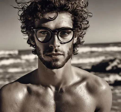 Prompt: Handsome man, not beautiful, with curly hair and metal-frame glasses, shirtless, naturally skinny, on a beach, greek male faces looking down from the sky