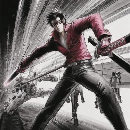 Prompt: semi-realistic anime drawing of Travis Touchdown from No More Heroes slicing an enemy robot apart with a beam katana.