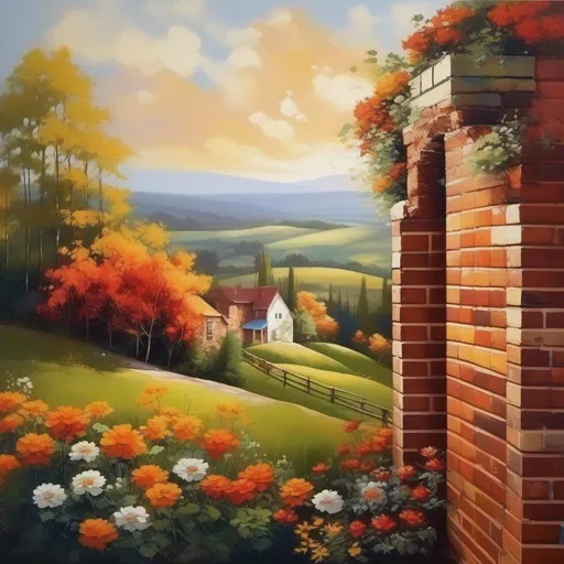 Prompt: An image painting of a landscape on a brick wall, the color scheme should be bright and cheerful, with a sense of warmth and homey-ness. #Sprayed# Style