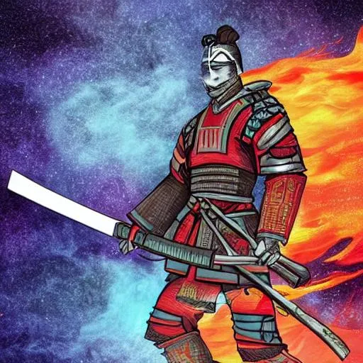 Prompt: Digital Art Of an inspiring samurai, flames around him , nebula clothing, confident,loner , strong, holding katana in his right hand , katana fire, walking, Night time ,  medieval age 