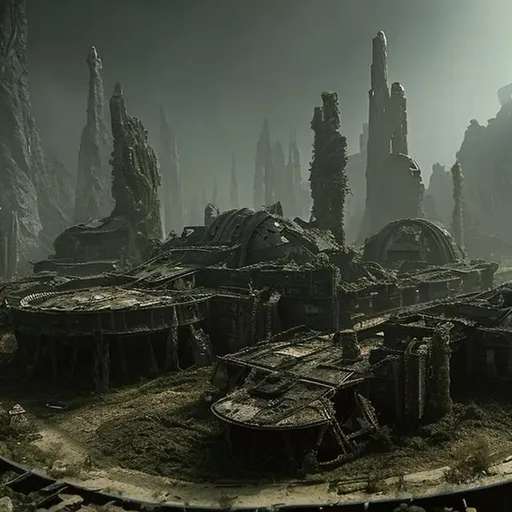 Prompt: The flattened ruins of an alien city, with just a little forest growing around the far edge, in the style of Star Trek. {Star Trek: The Next Generation}