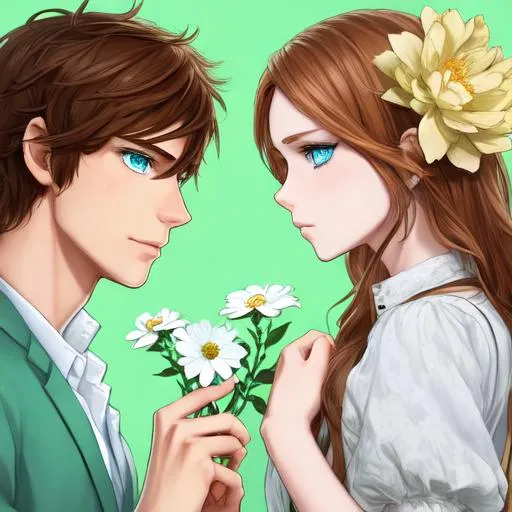 Prompt: "Draw two characters standing next to each other. The first character is a man with green eyes and brown hair. He is holding a flower and giving it to the second character. The second character is a girl with blue eyes and blonde hair."