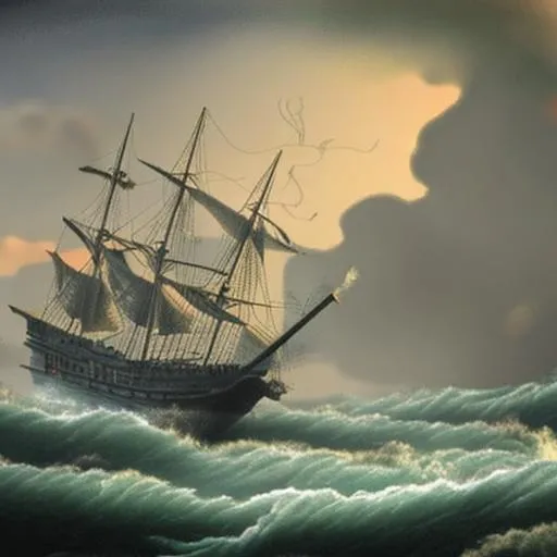 A pirate ship at sea with the waves coming up over t... | OpenArt