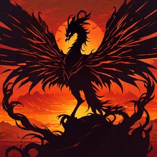 Prompt: demonic phoenix, silhouette style, sunset background, art by greg rutkowski and victor ngai