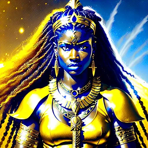 Prompt: [Hyperrealistic, highly detailled photography of an ebonian female warrior angel]
Benevolant, tribal, golden headband, golden necklace, light armor, inspiring, moving, strong-willed, athletic, fit, beautiful, leader, battle scarred.
Savannah, tribe, day, blue sky.