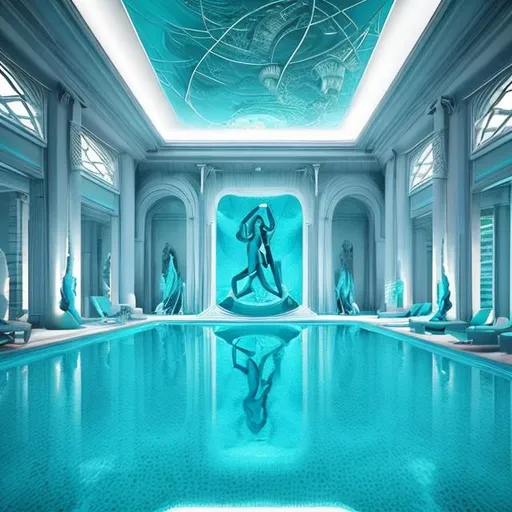 Prompt: an indoor swimming pool with a statue in the middle of the pool, hyperwave vibes, trending on pintrest, elegant asymmetrical, artemis, cascading highrise, afro - futurist style, female lawyer, rounded ceiling, winged victory, home interior, luxurious neckless, white cyan