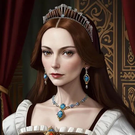 Prompt: Royal queen Katherine Parr, attractive 35 year old, brown hair, wearing a tiara and beautiful jewels, 16th century, facial closeup