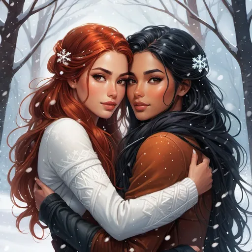 Prompt: two women one with long black hair, tan skin and brown eyes and one with long red hair, plae skin, and hazel eyes hugging each other in the snow with trees in the background and snow falling on them and snowflakes on their heads, Charlie Bowater, fantasy art, comic cover art, poster art