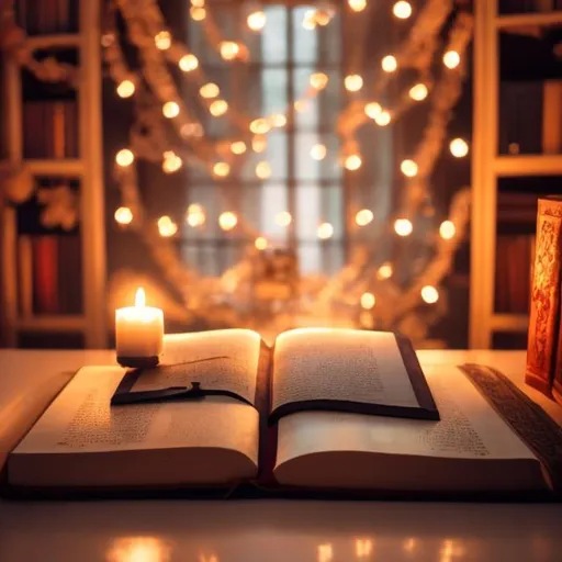 Prompt: A candle lit book room 