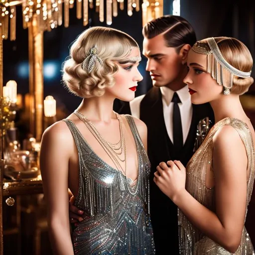 Prompt: a cinematic scene of a 1920s, 'Great Gatsby' style party with a beautiful blond woman in a shimmering flapper dress 