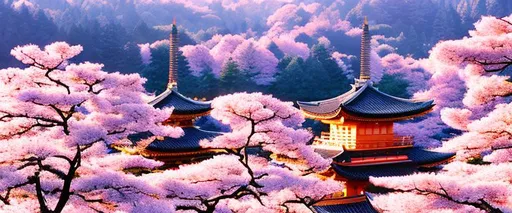 Prompt: Japanese temple near cherry blossom forest at sunrise, DVD Screengrab of live action film