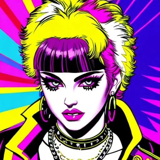 Prompt: Retro non-binary punk rock 70's vibe trippy comic style pop art goth punk fashion confident 
yellow white purple black