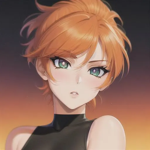 Prompt: 90s anime style, detailed, intricate face, detailed eyes, gentle tones, 90s tones, a beautiful woman, short orange hair, gowing green eyes, black pupil's 