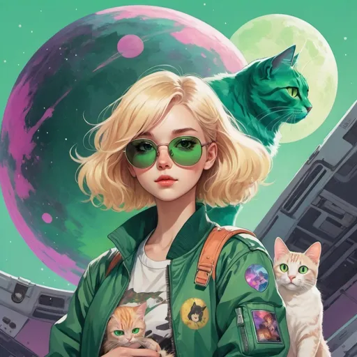 Prompt: The cover of a novel, a young girl medium length blonde hair, wearing a green bomber jacket, holding a cat, anime style, psychedlic, galactic cat, she wears aviator sunglasses