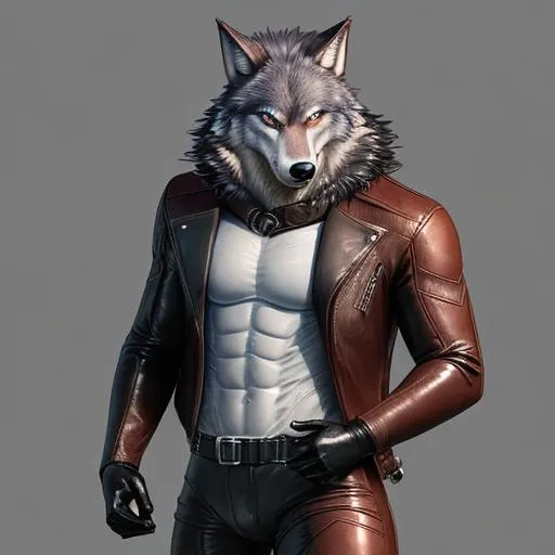 Prompt: Furry Wolf Using A Leather Suit
